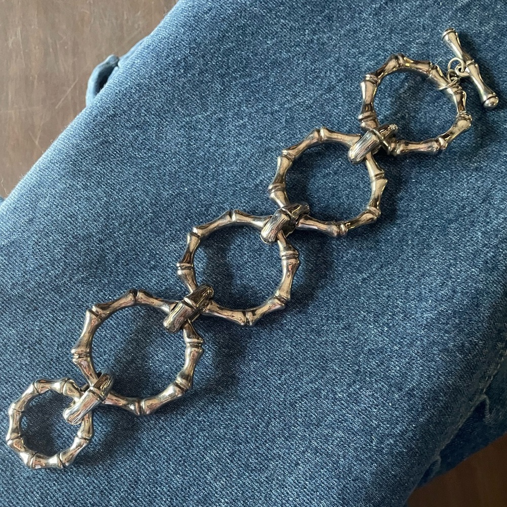 Vintage Sterling Silver Geometric Modern Bamboo Octagon Link Bracelet w/ Toggle